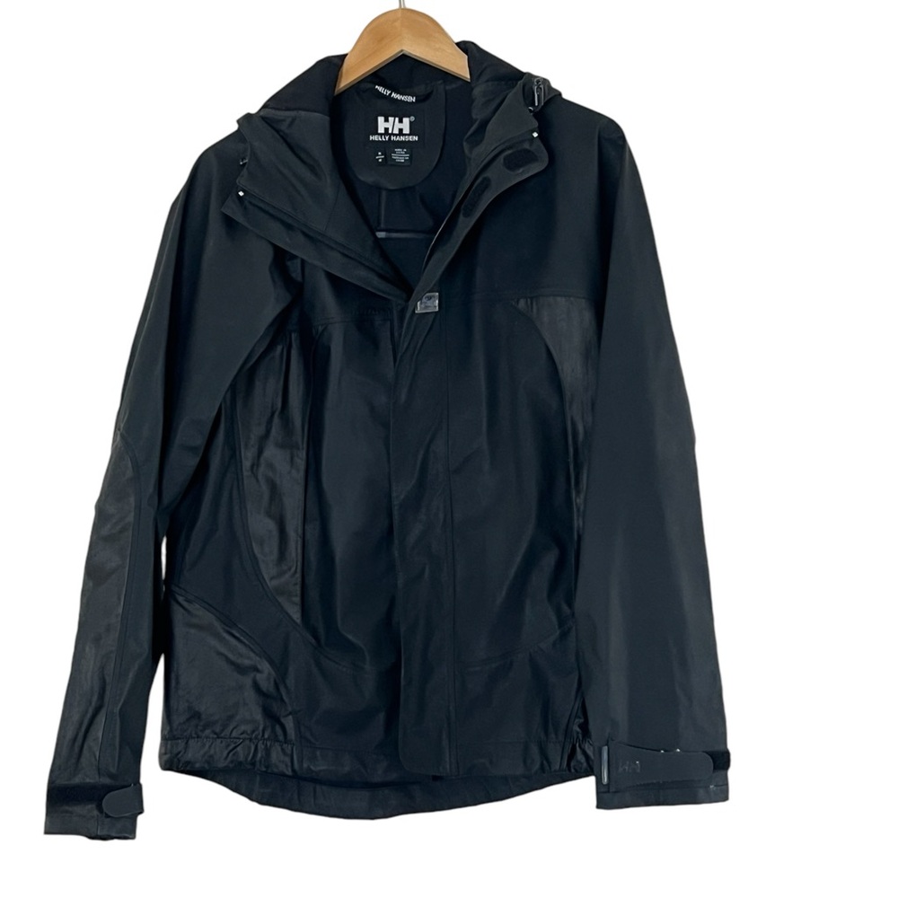 Helly Hansen | Black hooded zip front adjustable waist rain jacket size …